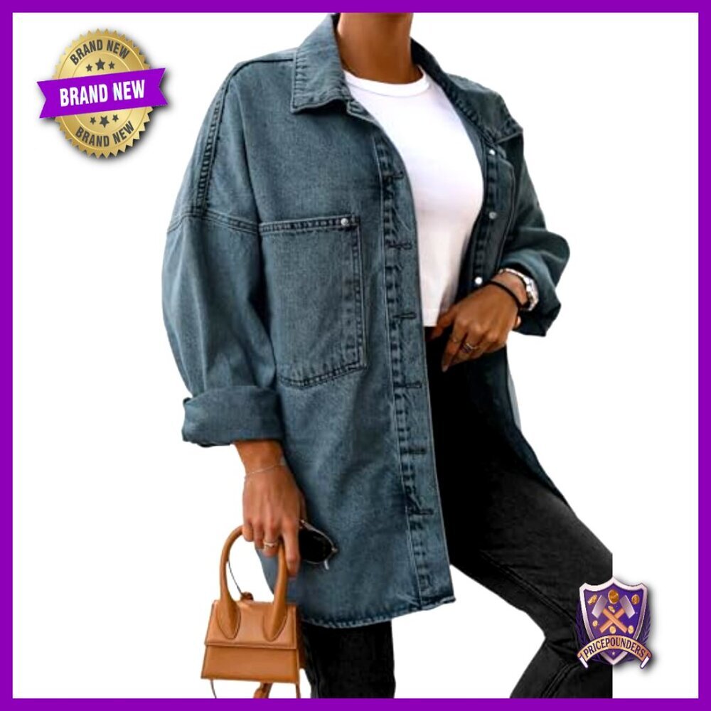Oversized Denim Jacket Casual Button Down Long Sleeve Boyfriend Fit Classic - Picture 2 of 5